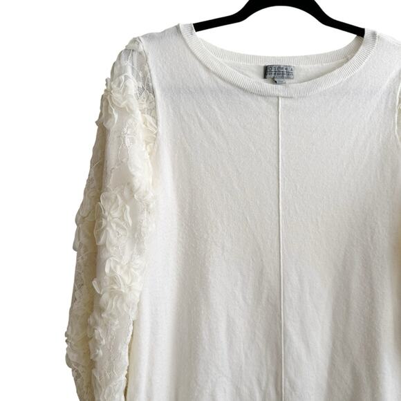 Joseph A Cream Sweater with 3D Lace Tulle Floral Puff Sleeves Small - Picture 2 of 5